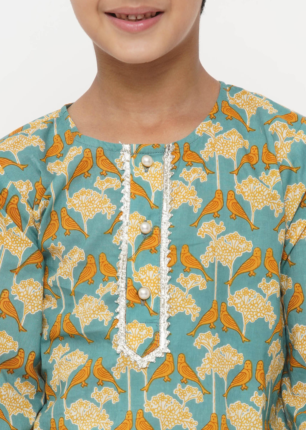 Little Bansi Boys Cotton Bird Print Kurta with Pearl Buttons & Pyjama -Blue & Cream