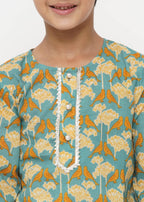 Little Bansi Boys Cotton Bird Print Kurta with Pearl Buttons & Pyjama -Blue & Cream