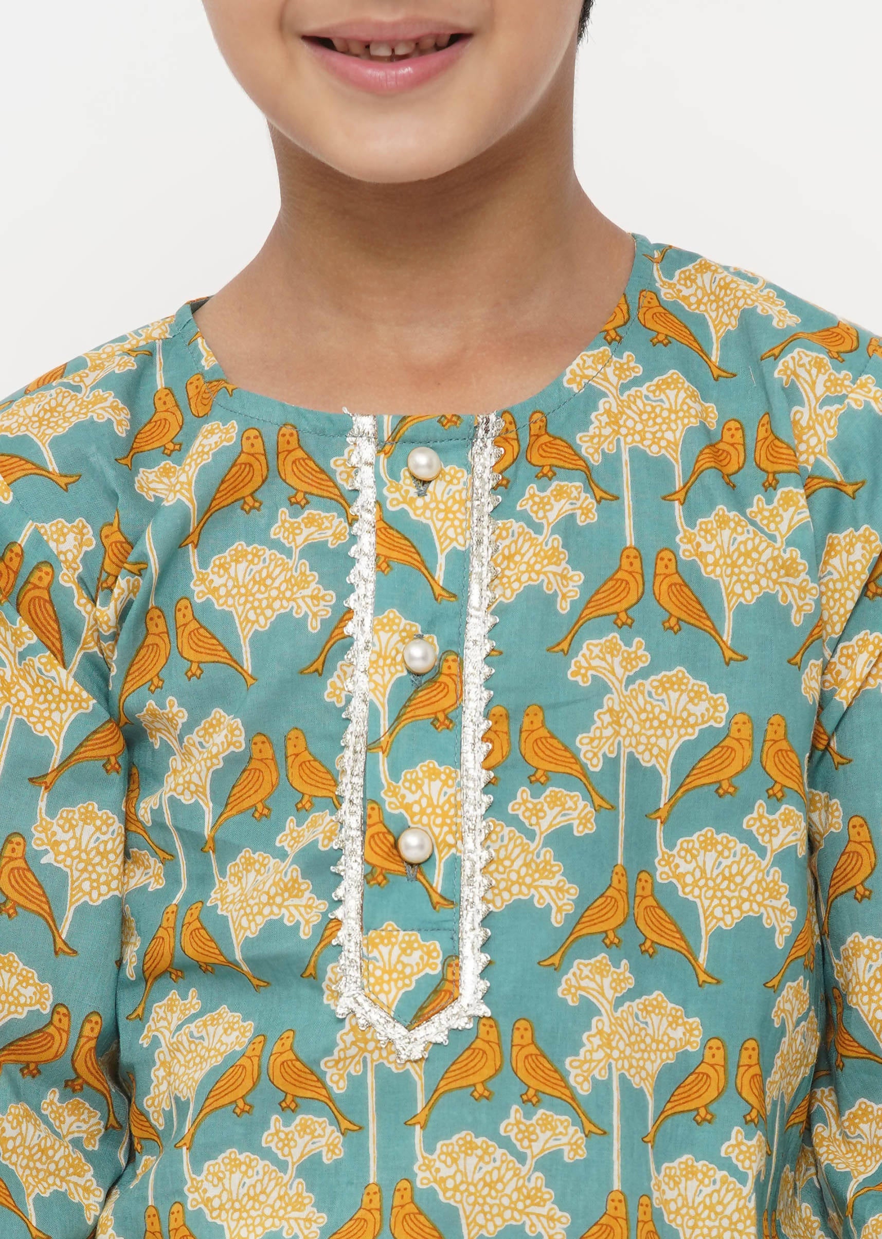 Little Bansi Boys Cotton Bird Print Kurta with Pearl Buttons & Pyjama -Blue & Cream