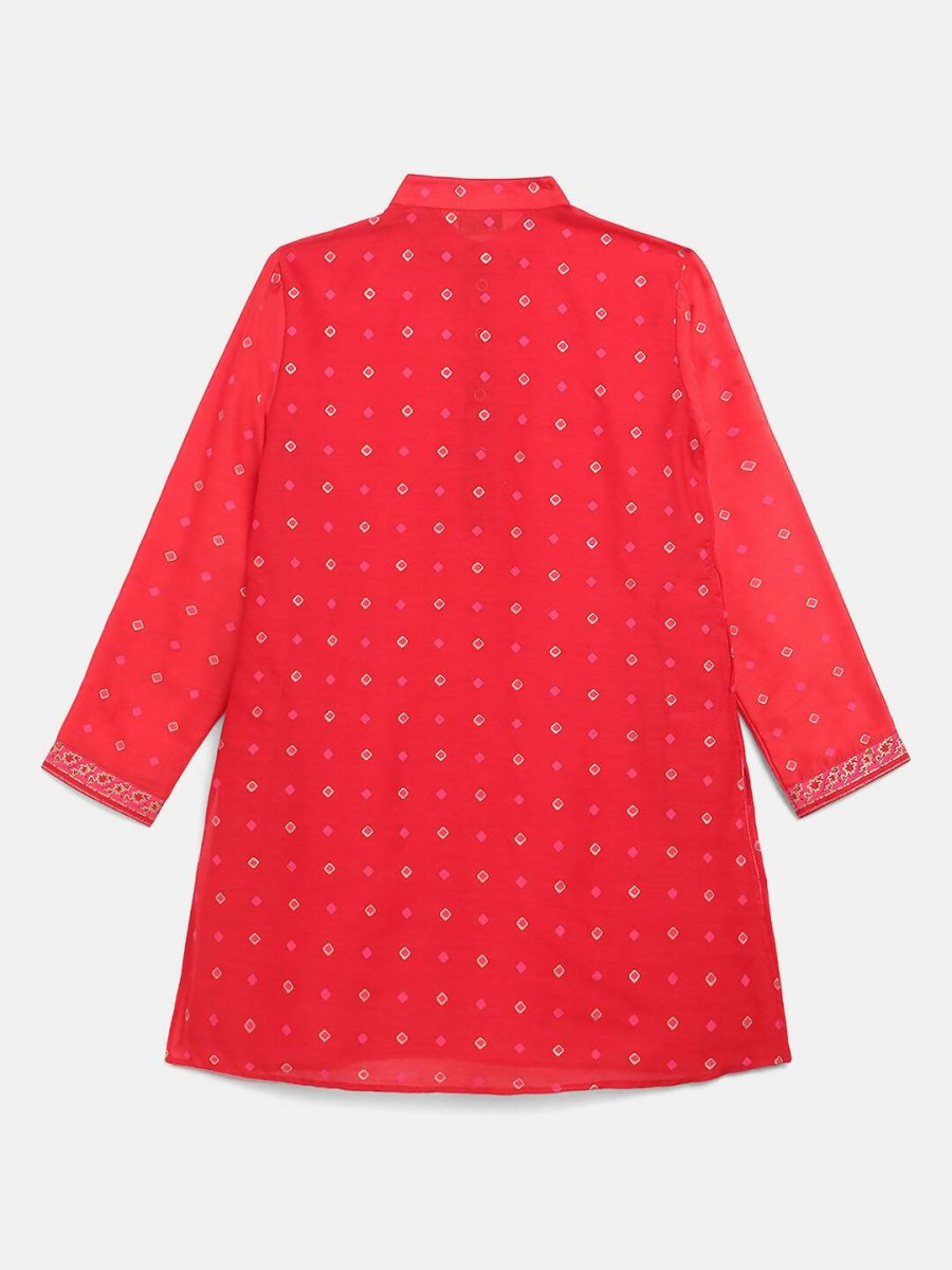 Ahalyaa Red Chnaderi Gold Khari Print Kids Kurta Churidar Set For Boys