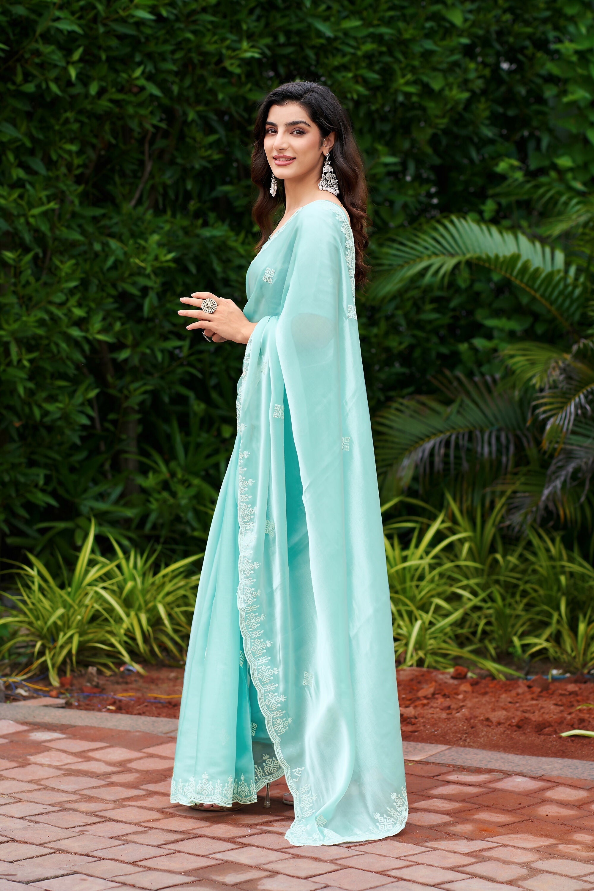 Vastranavya Turquoise Embroidery Work Shimmer Chiffon Saree with Unstitched Blouse - Distacart