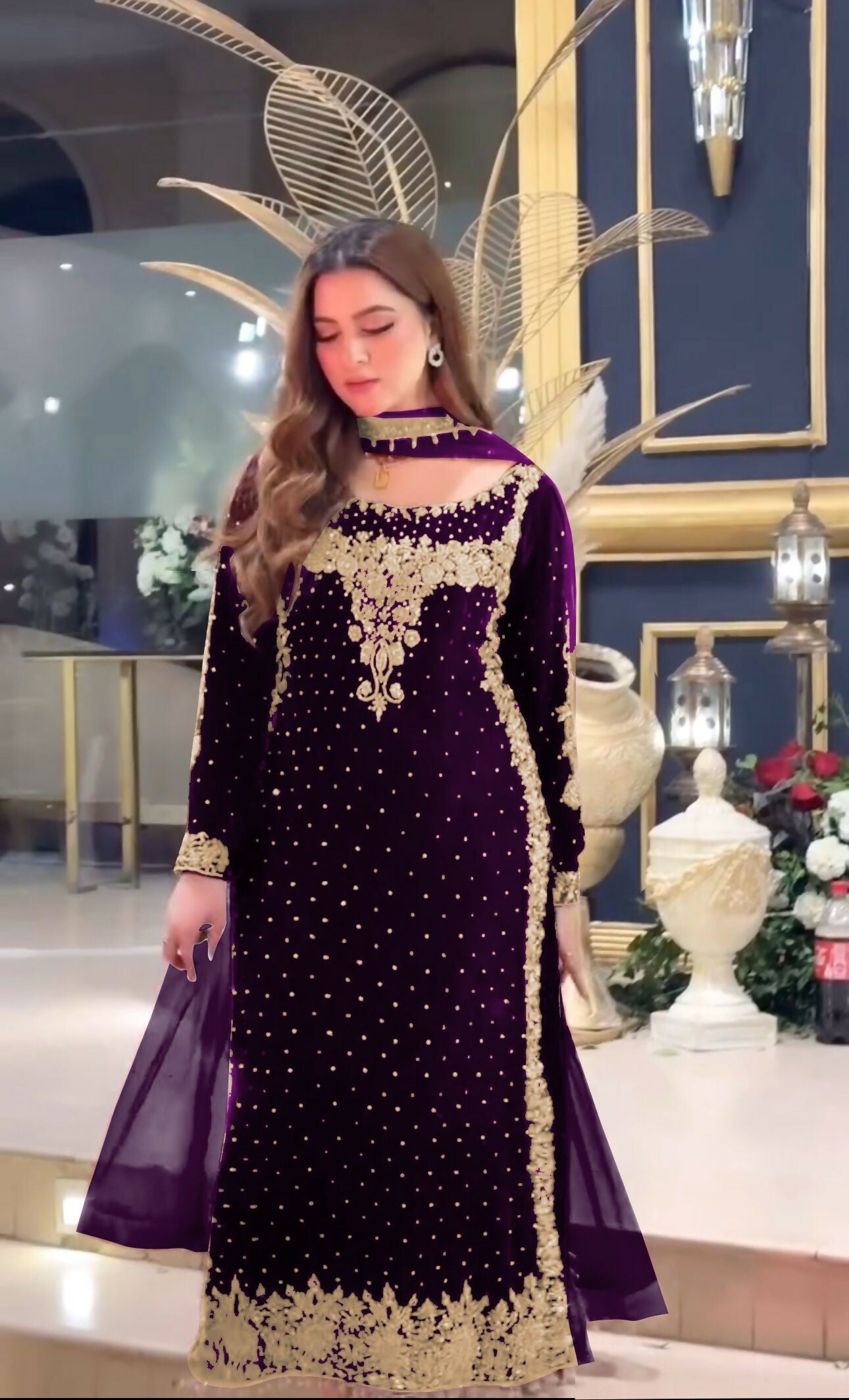 Joban Fashion Purple Velvet Sequence Embroidery Work Kurta Set - Distacart