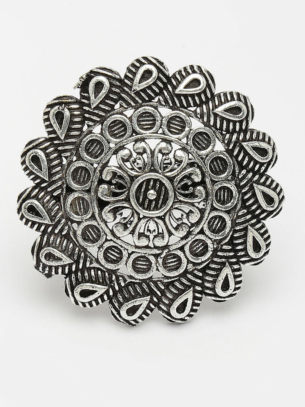 NVR Women's Silver-Toned Floral Shape Adjustable Finger Ring