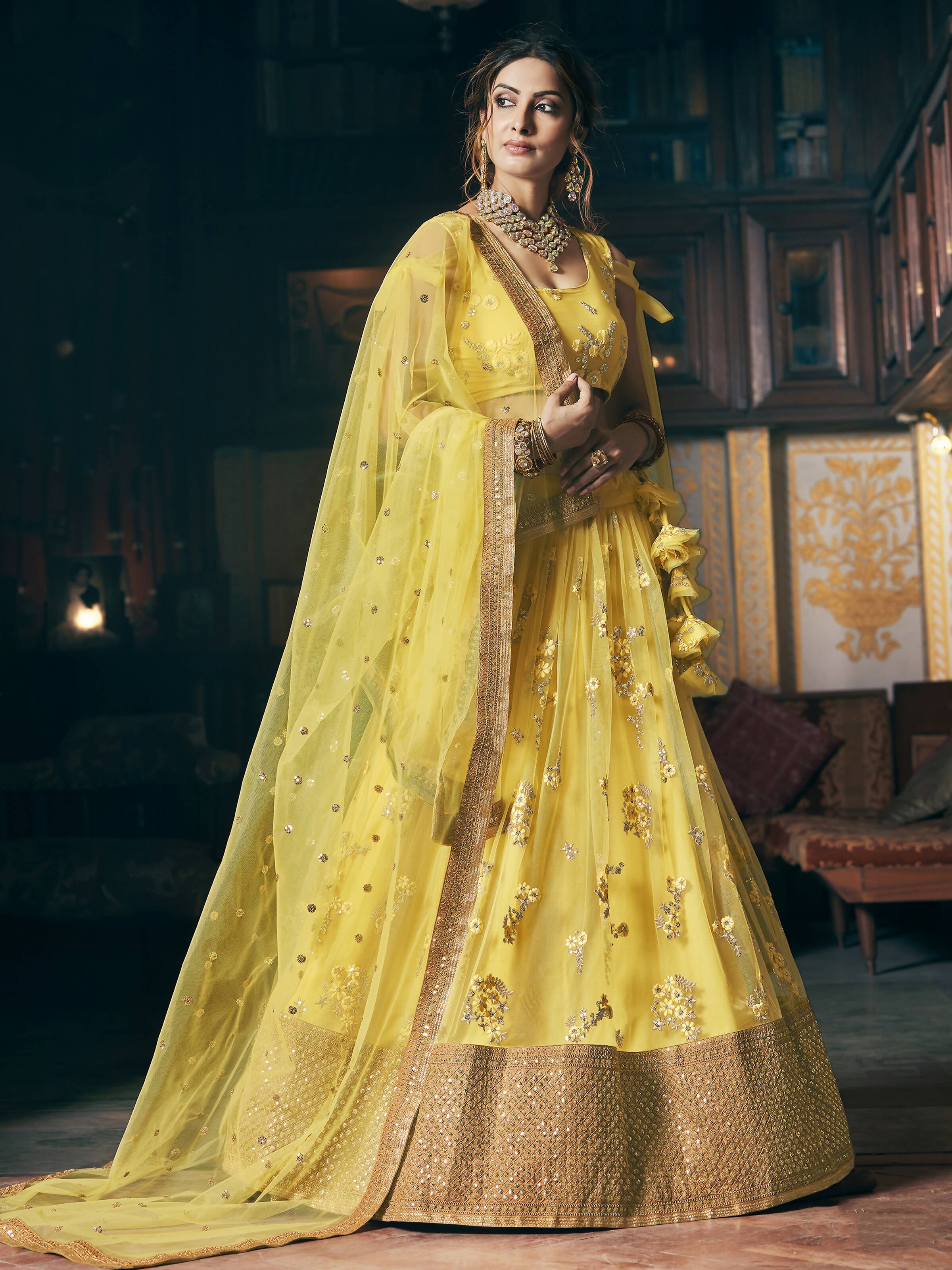 Wedding Designer Sequene Zari Resham Embroidery Yellow Net Lahengha Choli - Anbazaar - Distacart