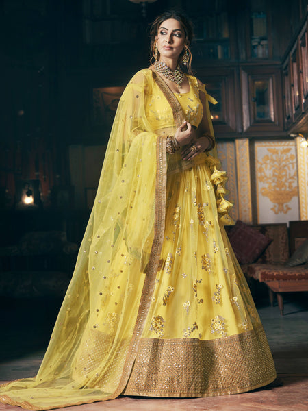 Wedding Designer Sequene Zari Resham Embroidery Yellow Net Lahengha Choli - Anbazaar