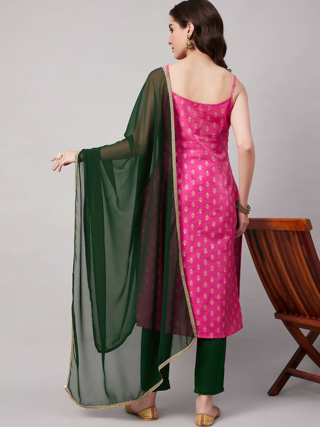 Magenta Pink and Green Polyester Printed Kurta with Trousers & Dupatta - Vishwa
