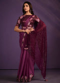 Purple Crepe Satin Silk Embroidered Saree With Stitched Blouse - Mohmanthan Exotica