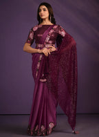Purple Crepe Satin Silk Embroidered Saree With Stitched Blouse - Mohmanthan Exotica