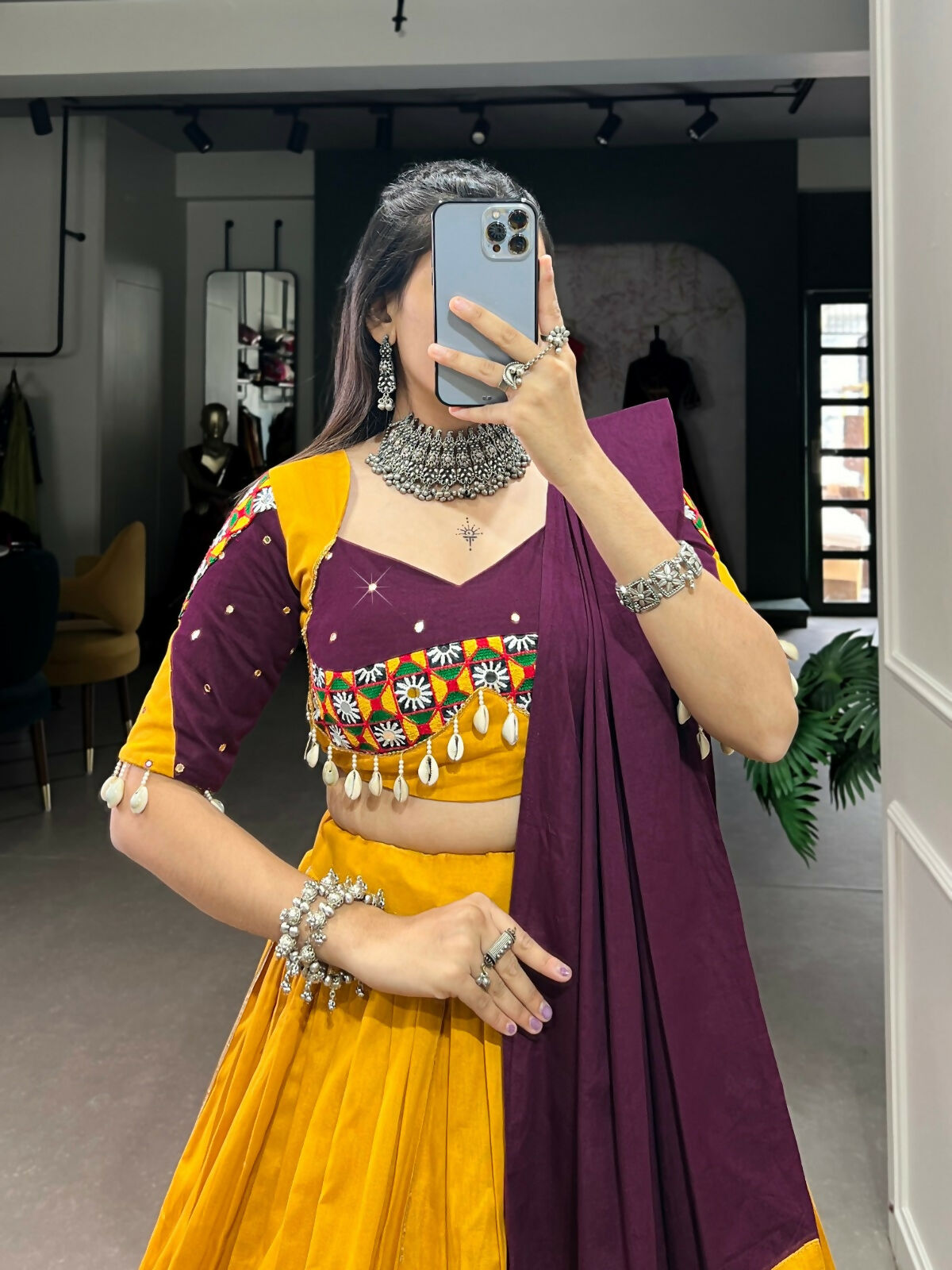 Vastranavya Navaratri Special Pure Cotton Paper Mirror Handwork With Gamthi Work With Gota Patti Touch Up Lehenga with Stitched Blouse - Mustard