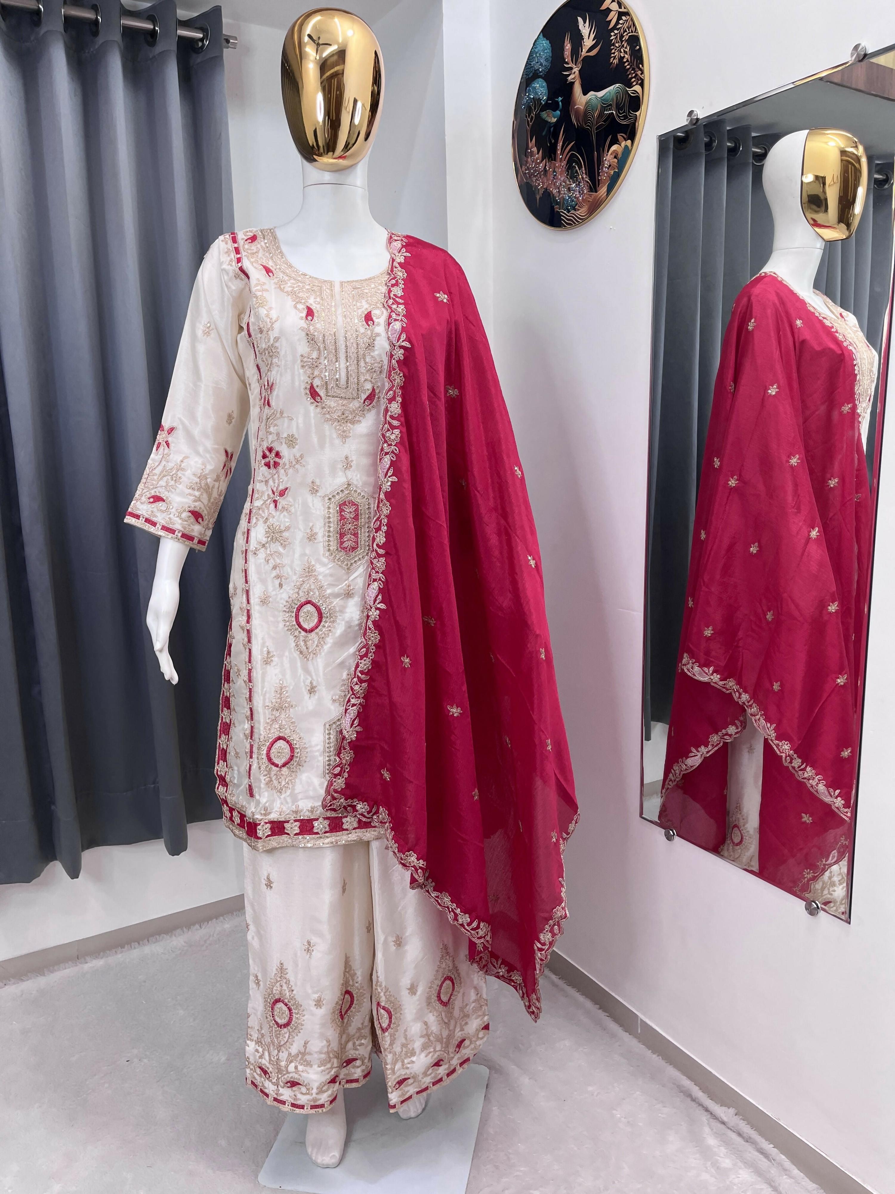 Teeya Creation White Color Chinon Silk Party Wear Trending Palazzo Set - Distacart