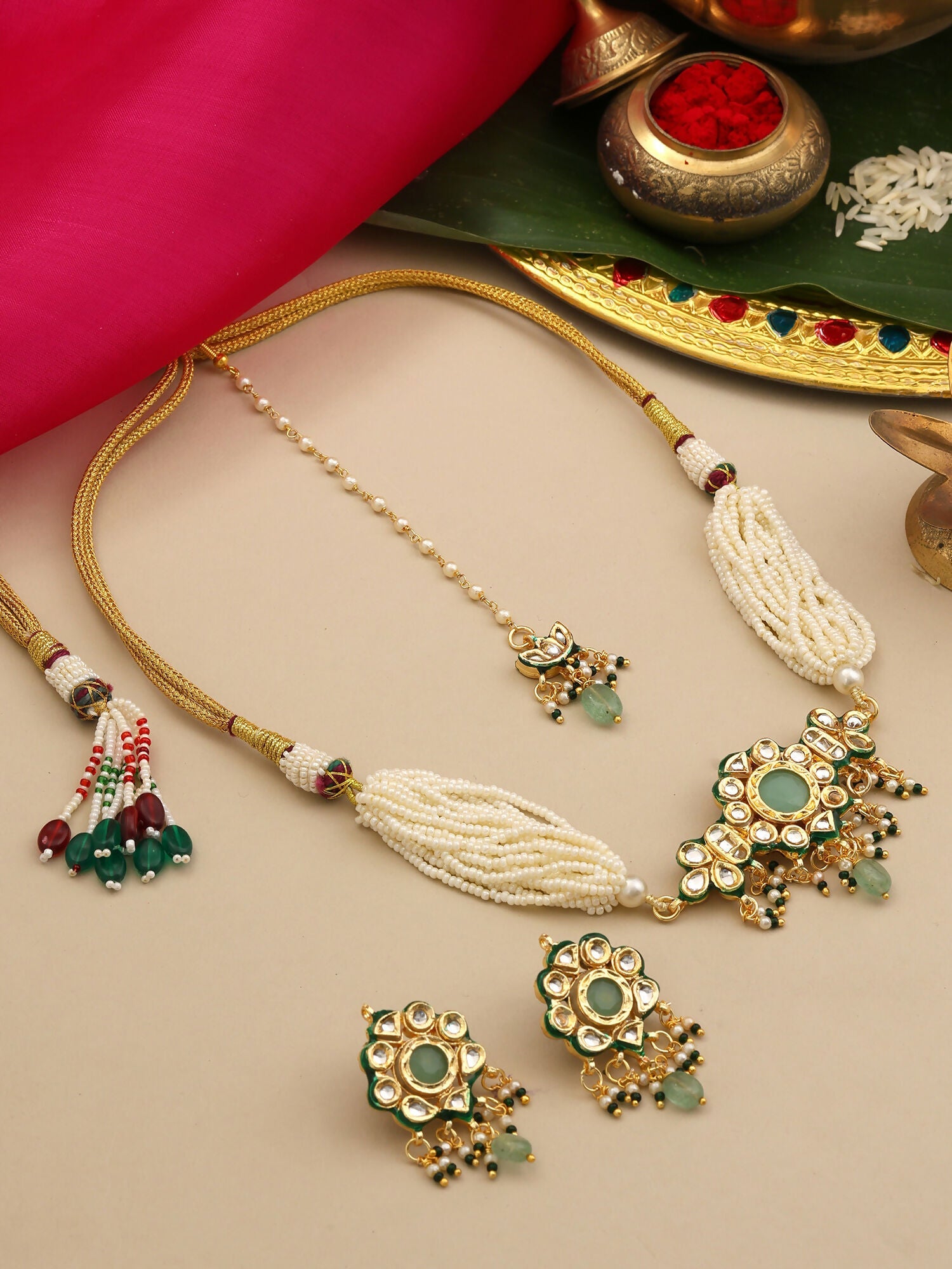 Ruby Raang Green-Gold Kundan Neck Piece With Matching Earrings And Maang Tikka - Distacart