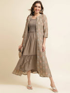 Brown Cotton Solid Flared Dress with Printed Shrug - Yukti - Distacart