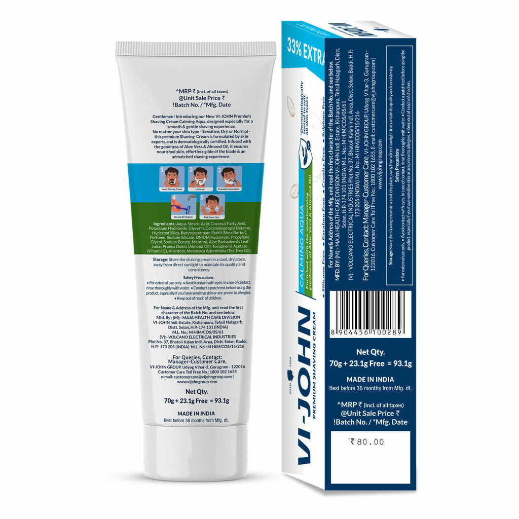 VI-JOHN Dermatologically Tested Premium Claming Aqua Shaving Cream Enriched with Aloevera & Almond Oil free From Silicone,Paraben & Mineral Oil