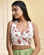 Amodini Designer Studio Floral White Halter Neck Sequined Blouse