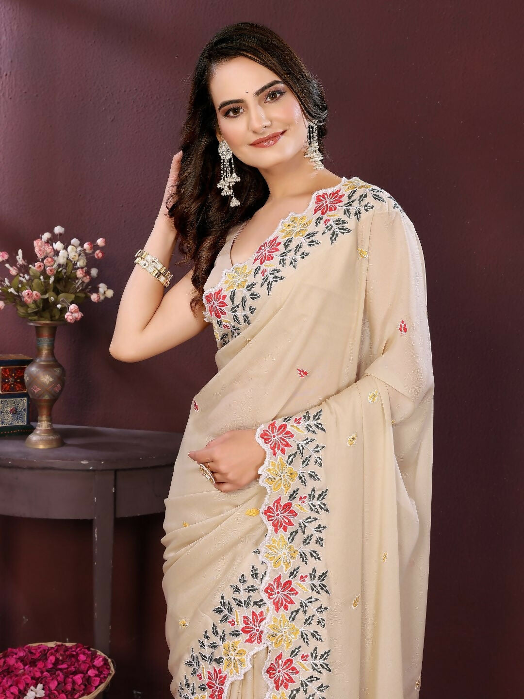 Ai Fashion Peach Soft Star Georgette Embroidery Party Wear Saree - Distacart