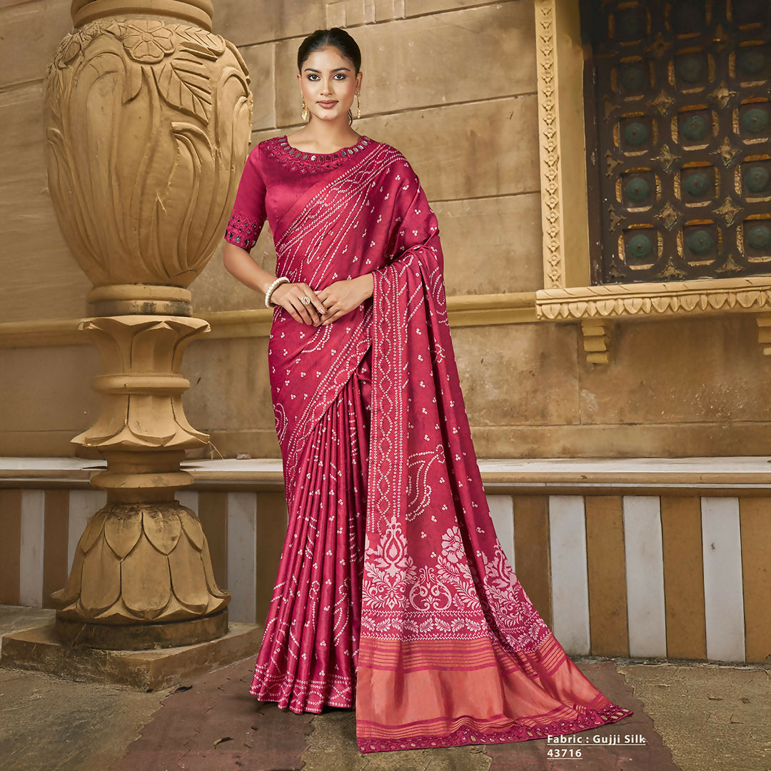 Pink Gajji Silk Bandhani Print With Mirror Hand Work Saree With Unstitched Blouse - Norita Gajri