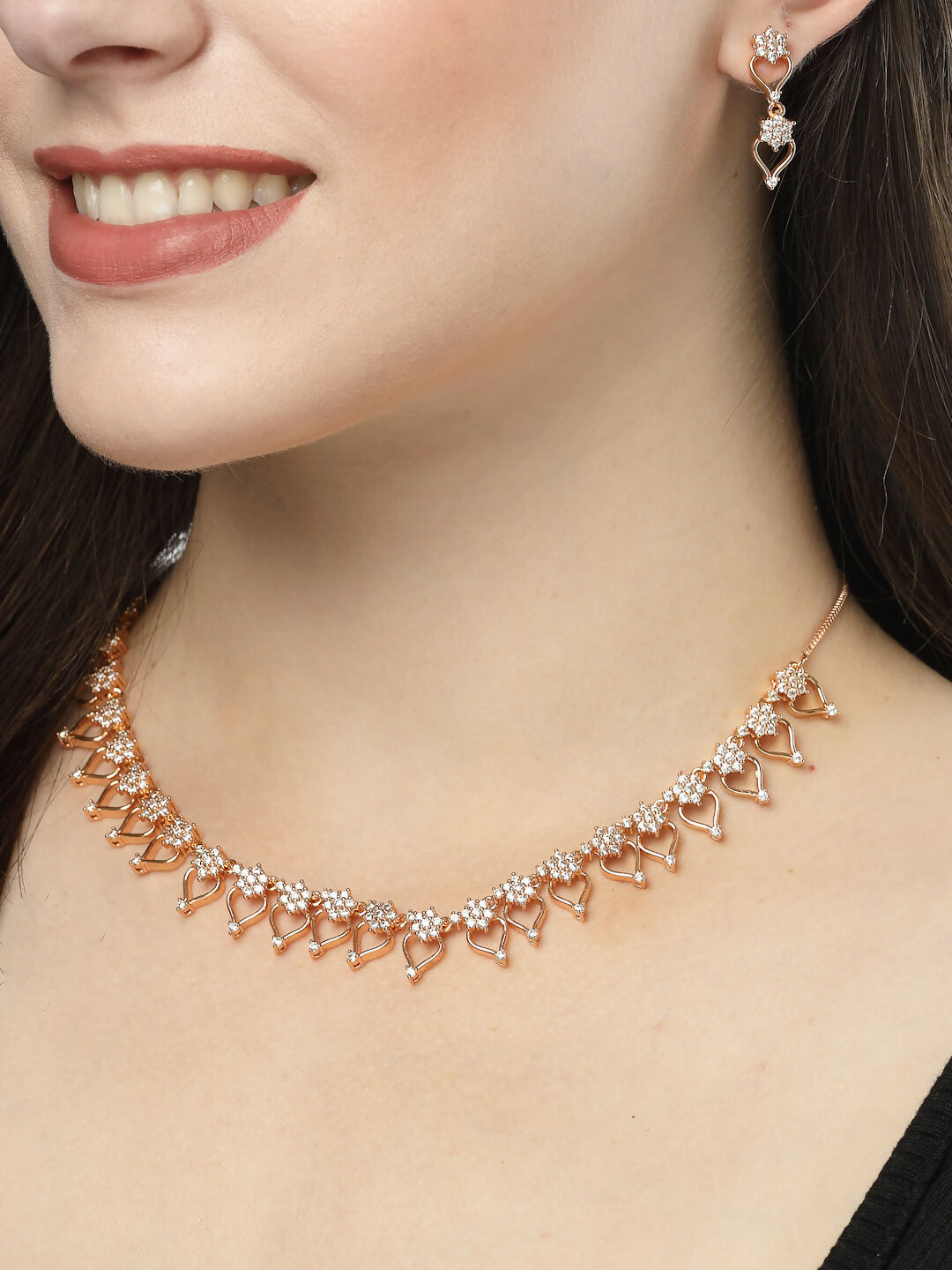 NVR Women's Gold-Polished American Diamond-Studded Handcrafted Jewellery Set