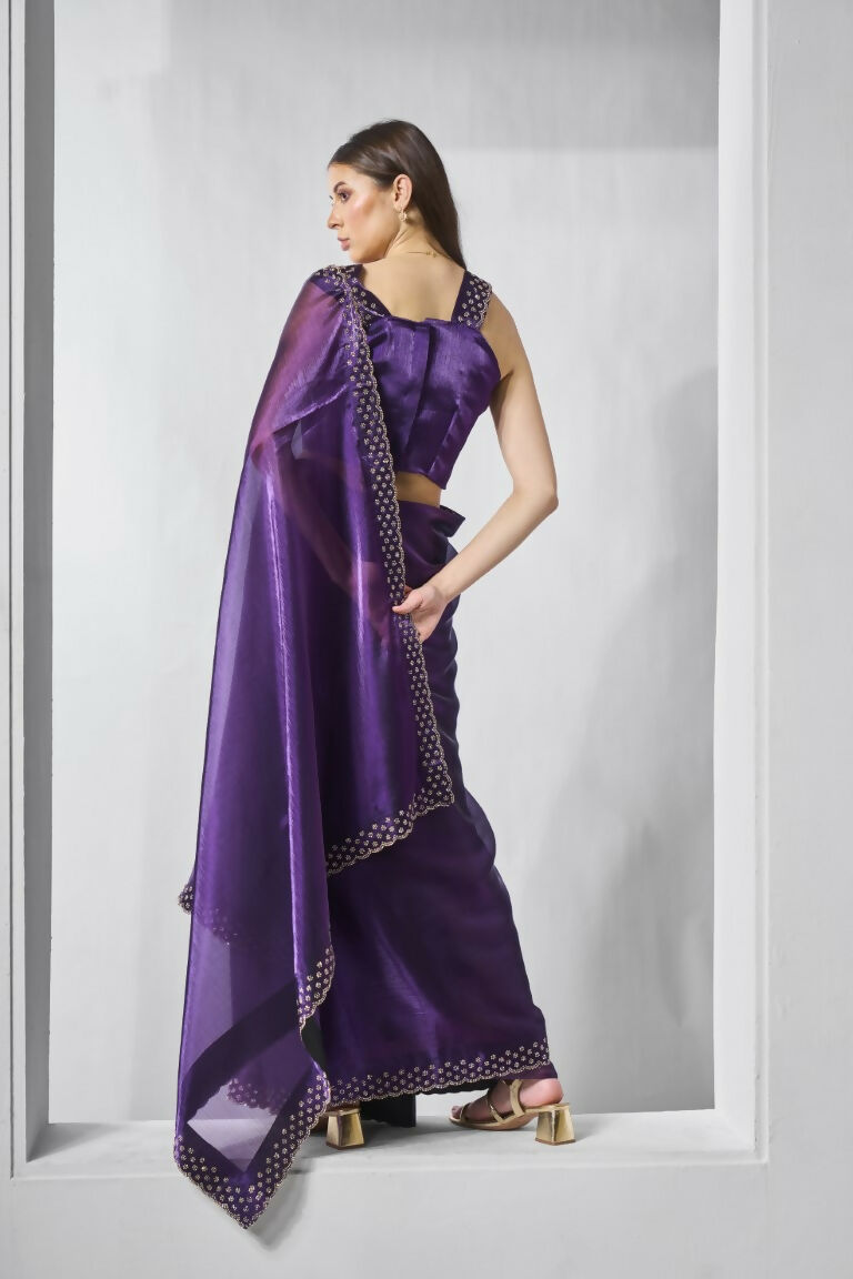 Purple Burburry silk Swarovski Designer Work Saree - Shezlin