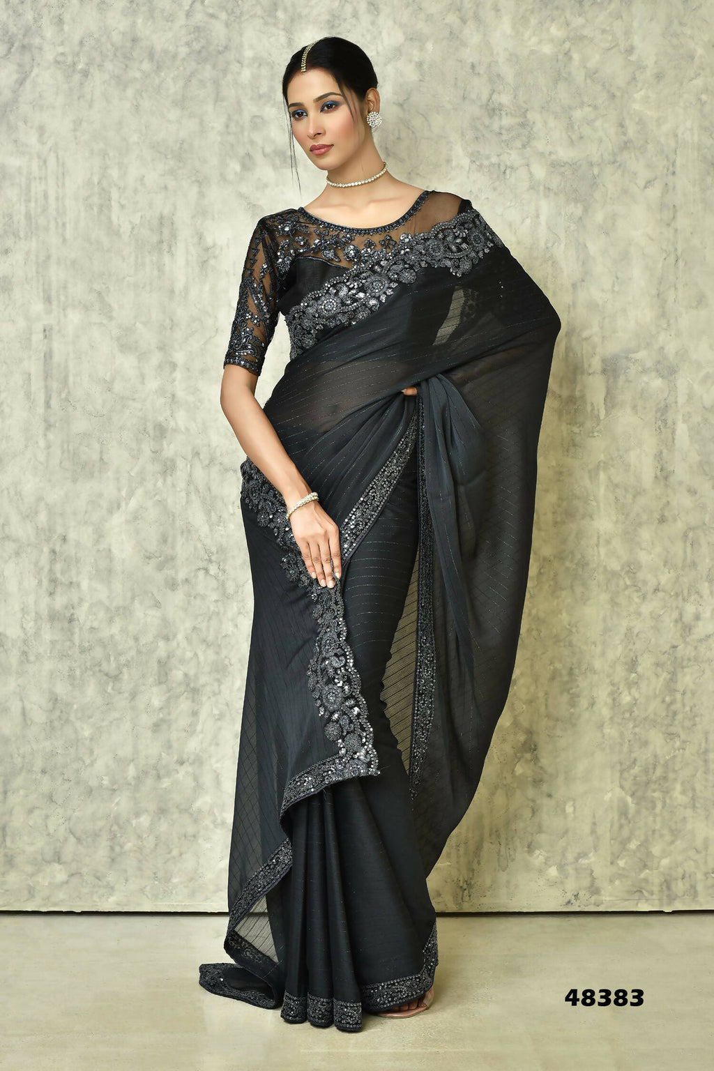 Black Silk Solid Designer Saree with Blouse - Purvi