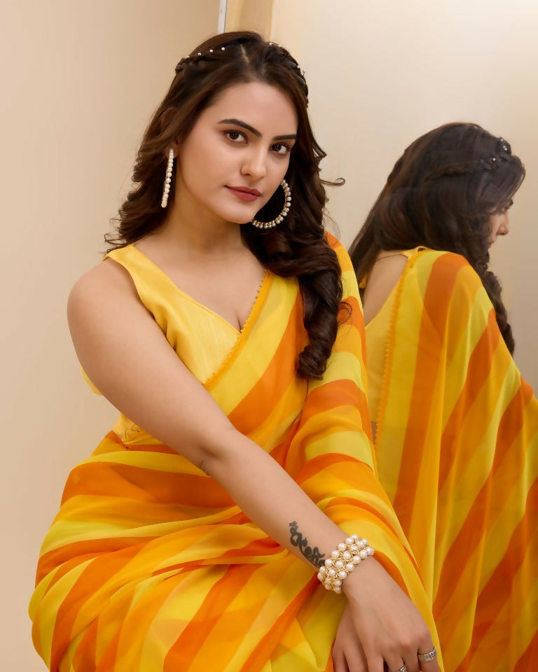 Yellow Georgette Designer Printed Ready To Wear Saree - Ibiza