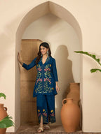 Joban Fashion Women Blue Roman Silk Embroidered Stitched Kurta Set - Distacart