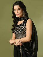 Myshka Women's Black Embroidered Georgette Anarkali Party Kurta Set With Dupatta