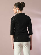 Myshka Women's Black Embellished Cotton Regular Party Tunic