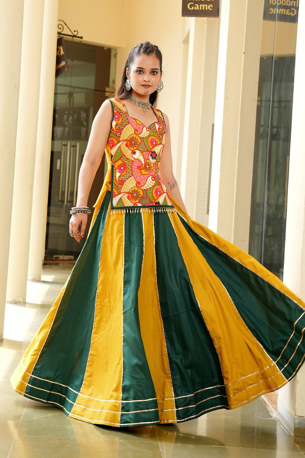 AI Fashion Mustard & Green Cotton Designer Navratri Wear Lehenga Choli Collection