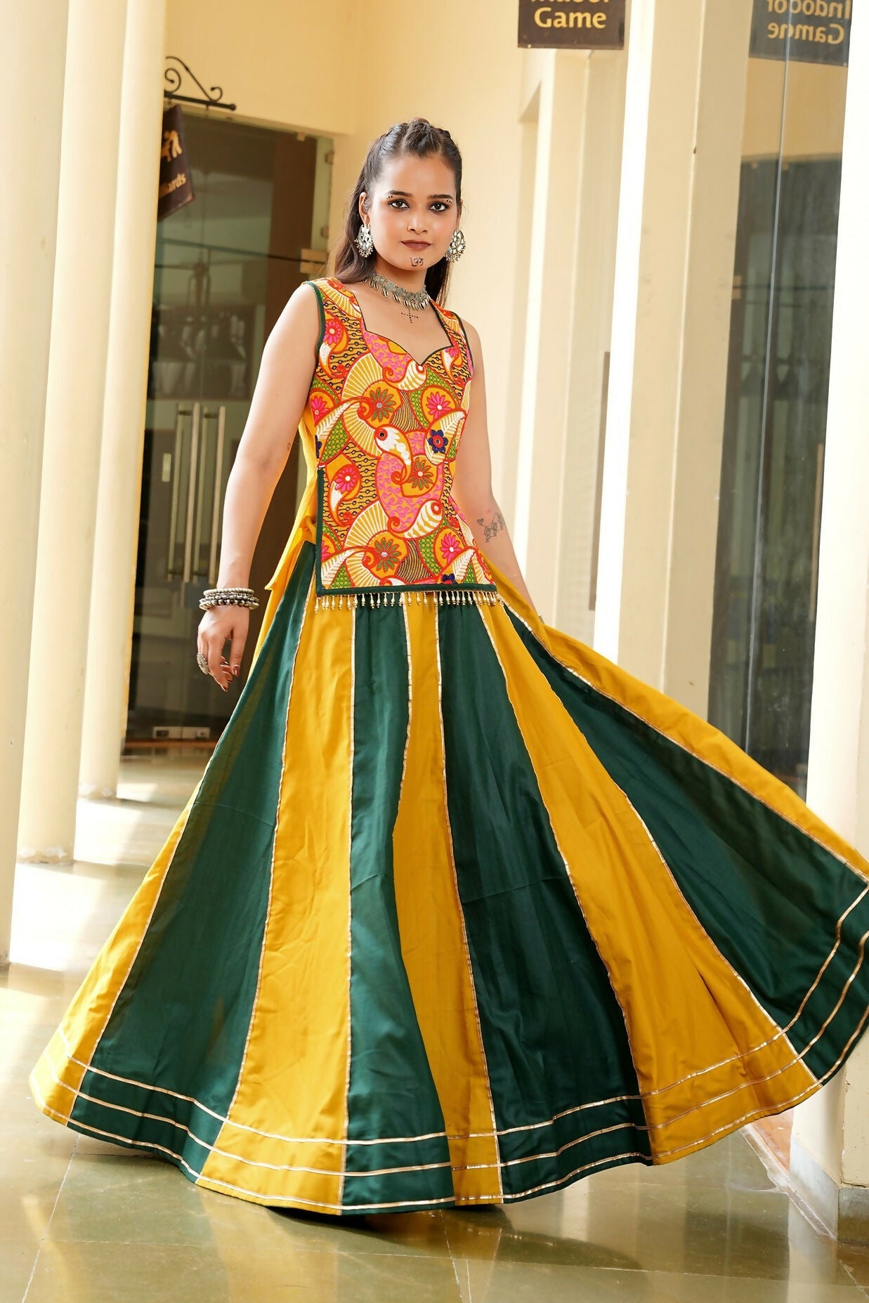 AI Fashion Mustard & Green Cotton Designer Navratri Wear Lehenga Choli Collection