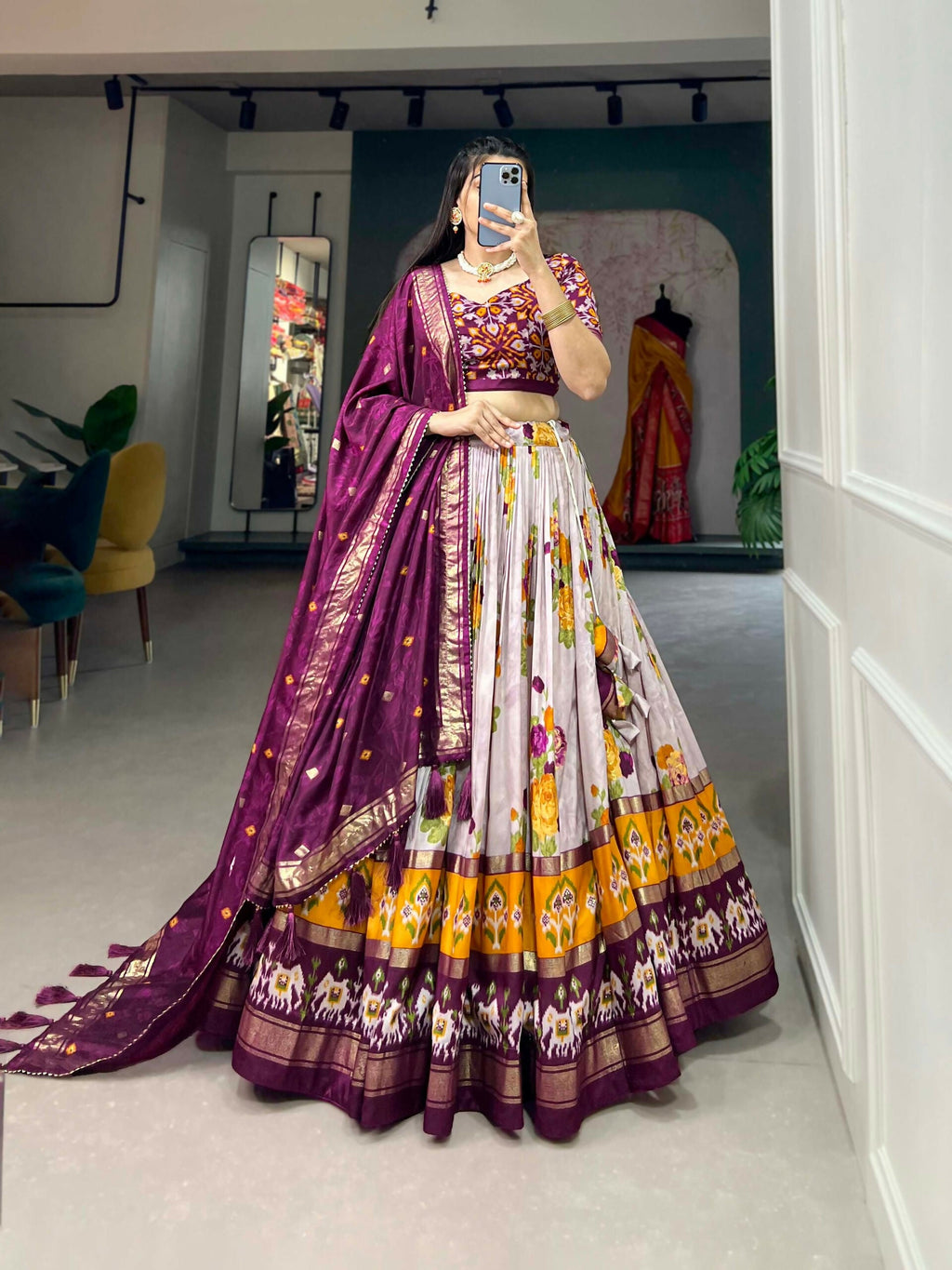 Vastranavya Floral And Patola Print With Foil Work Lehenga with Unstitched Blouse - Wine