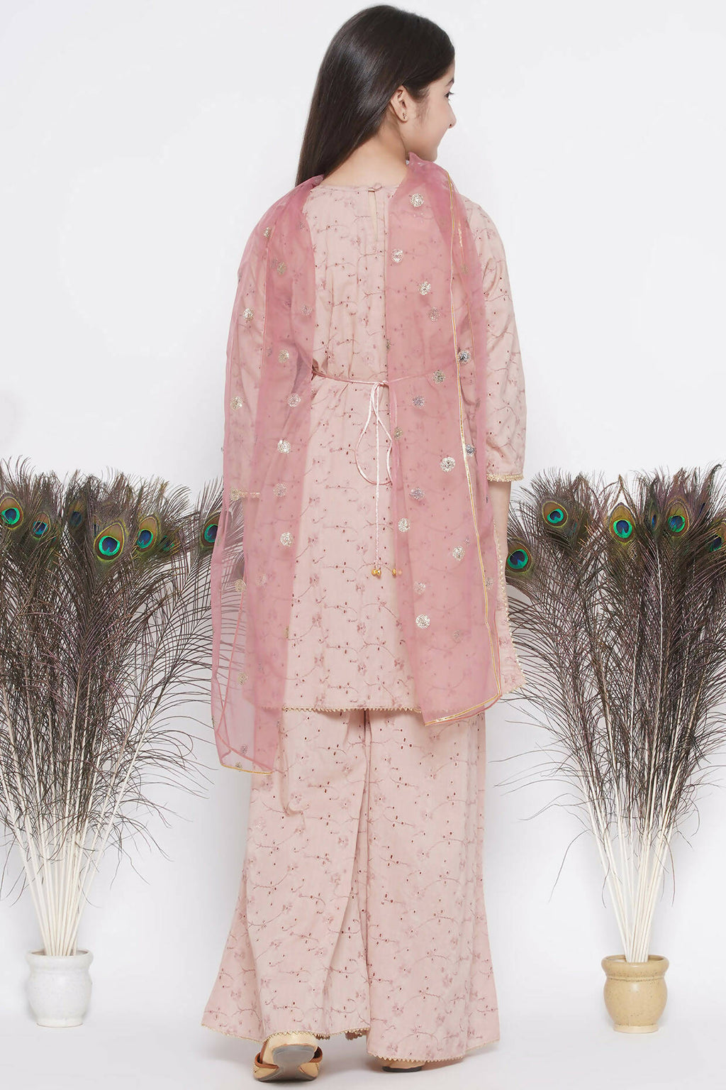 Little Bansi Floral Shiffli Kurta With Plazzo And Dupatta - Brown