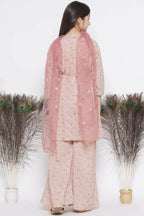 Little Bansi Floral Shiffli Kurta With Plazzo And Dupatta - Brown