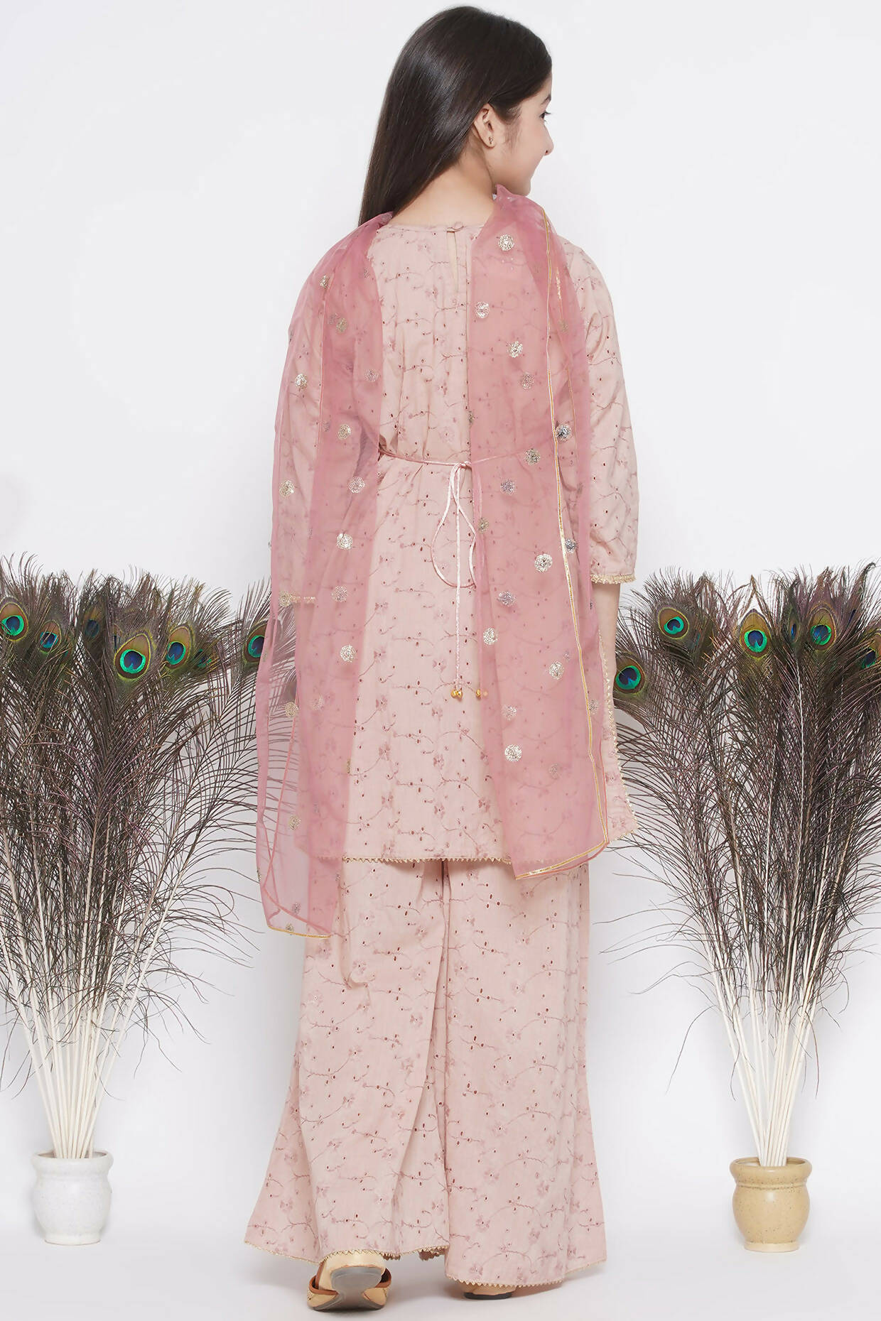 Little Bansi Floral Shiffli Kurta With Plazzo And Dupatta - Brown