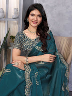 Vastranavya Teal Embroidery Work Shimmer Chiffon Saree with Unstitched Blouse - Distacart