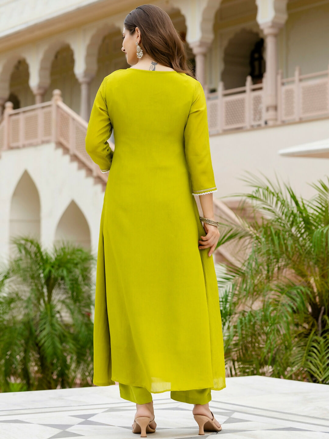 The52 Liril Women's Beautiful Embroidered work Chinon Fabric with Flared Kurta, Pant and Dupatta Set - Distacart