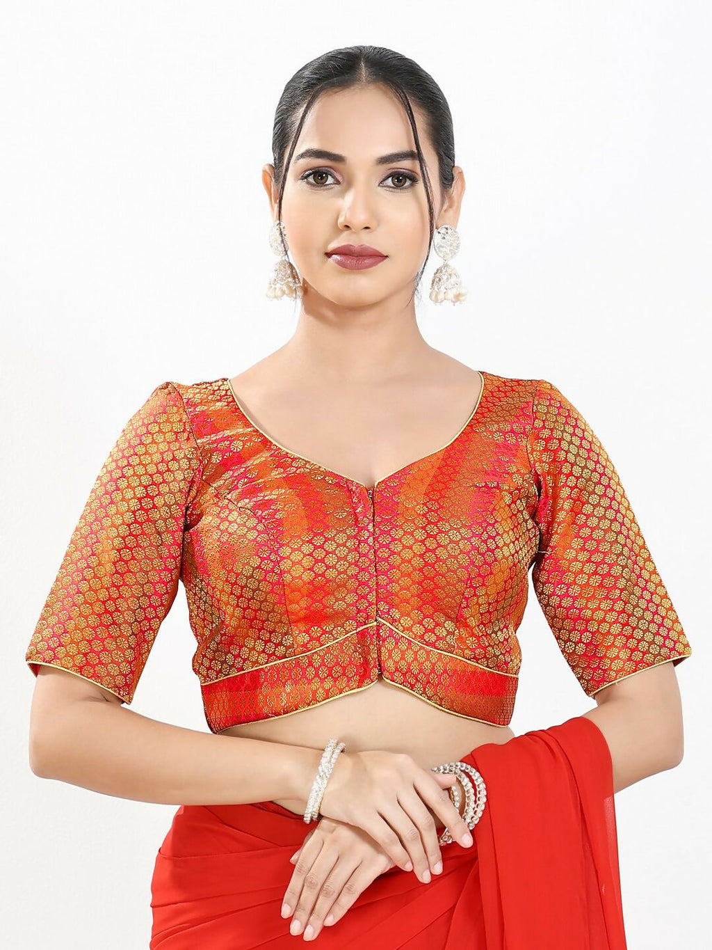 Joban Fashion Red Brocade Padded Blouse With Sweetheart Neck Elbow Sleeves - Distacart