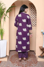 Miravan Womens Purple Cotton Animal Print Kurta With Palazzo And Dupatta - Distacart