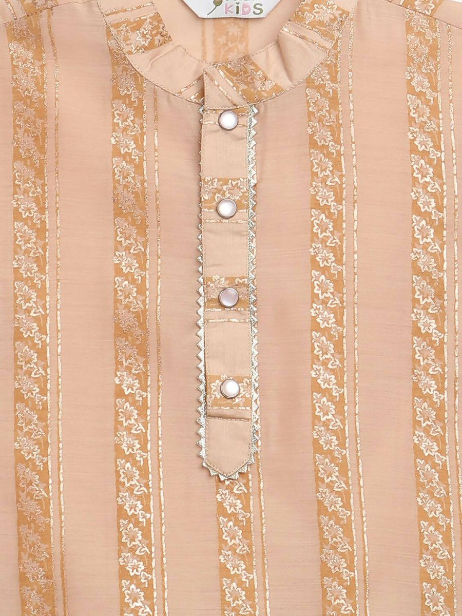 Ahalyaa Beige Chanderi Gold Foil Print Kids Kurta Churidar Set For Boys