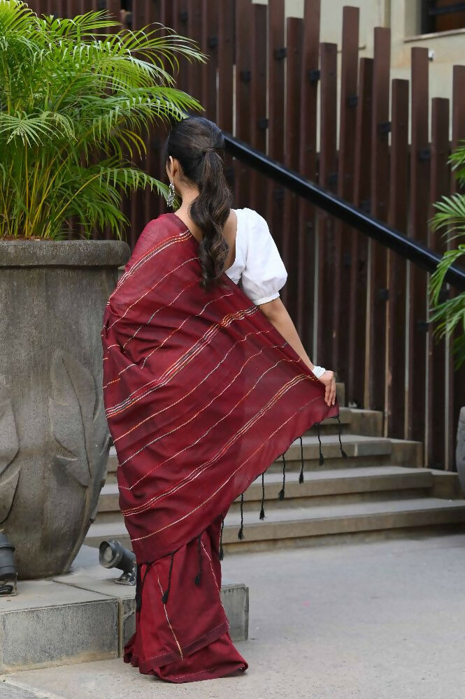 Beatitude Maroon Khadi Ghicha Stripes Saree