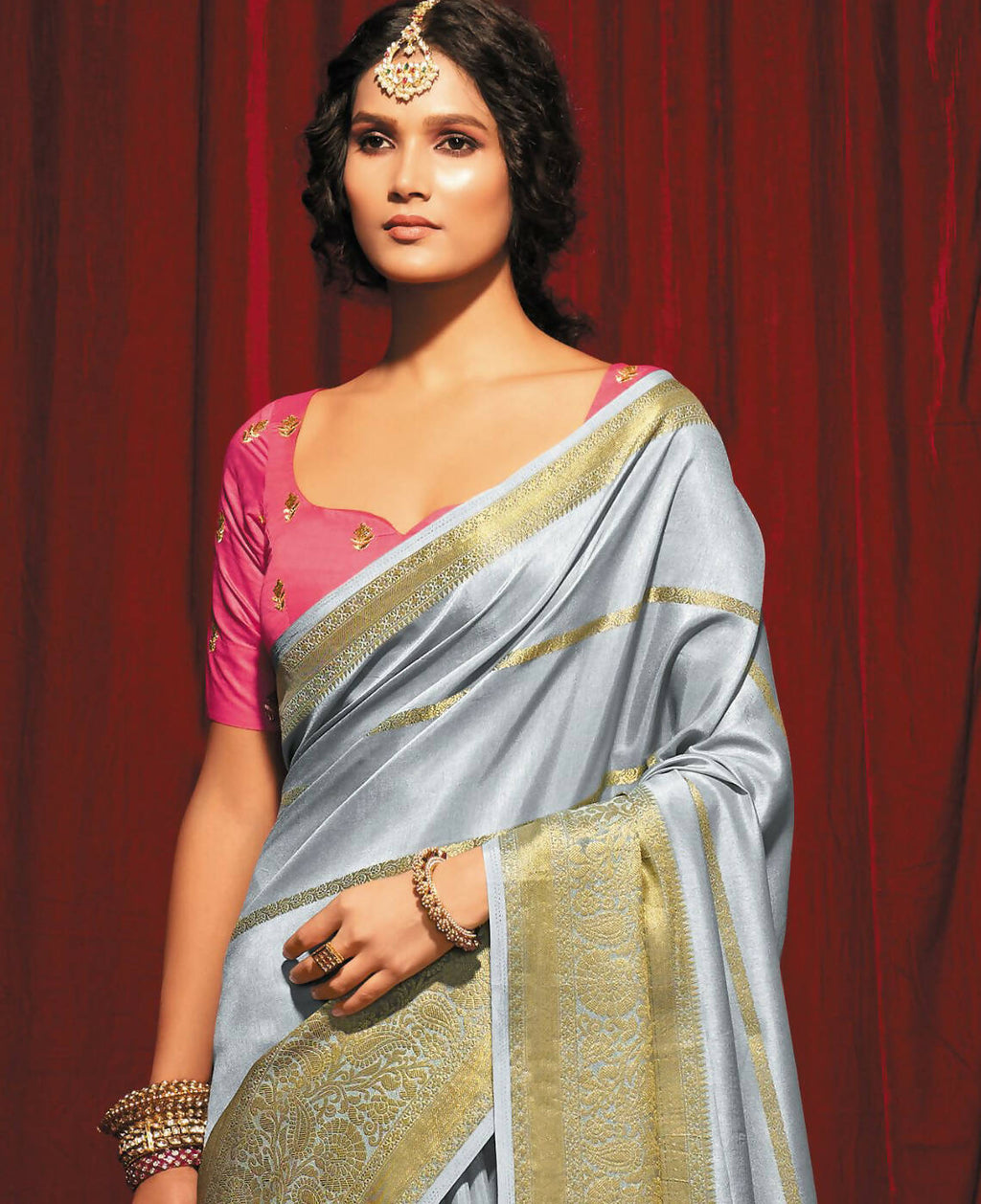 Grey Silk Striped Pattern Saree With Unstitched Blouse Piece - Zyanya