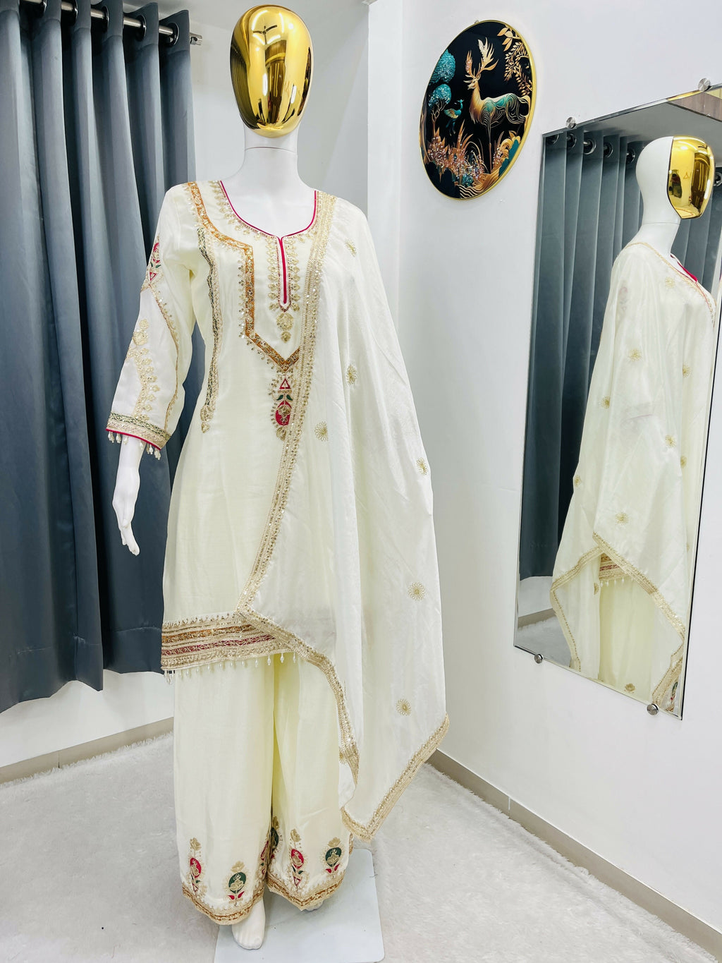 Teeya Creation Cream Color Chinon Silk Party Wear Trending Palazzo Set - Distacart