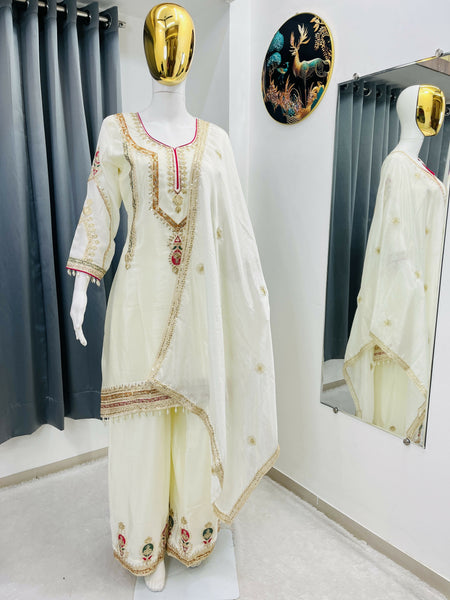 Teeya Creation Cream Color Chinon Silk Party Wear Trending Palazzo Set