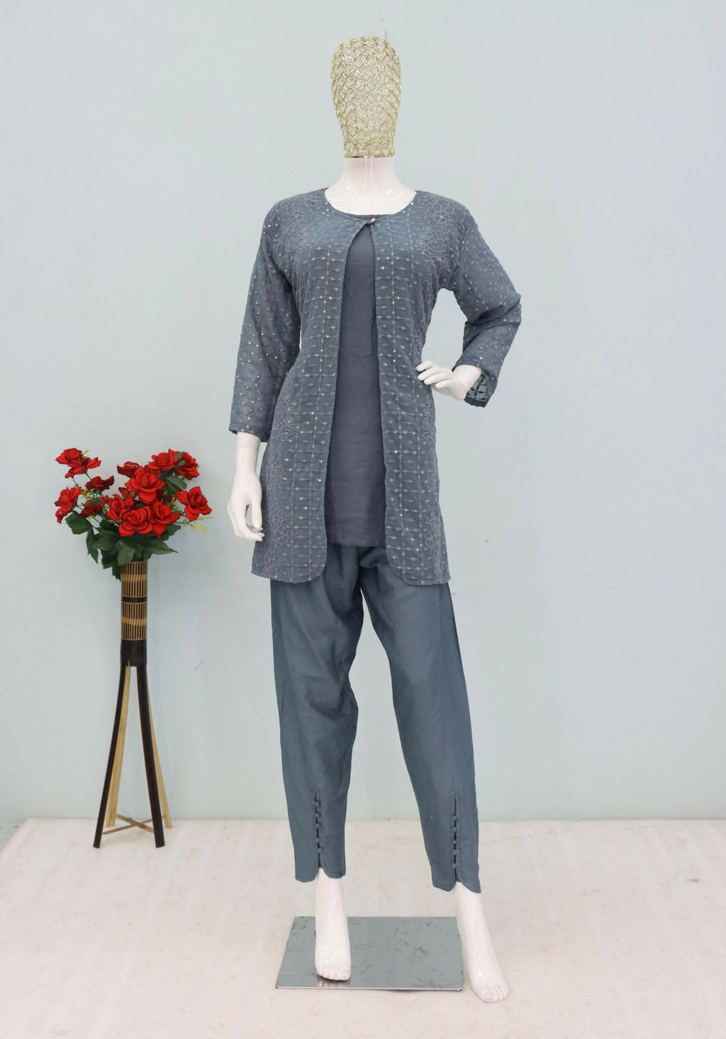 Anaita Grey Faux Georgette Readymade 2 Piece Set with Embroidery Work - Distacart