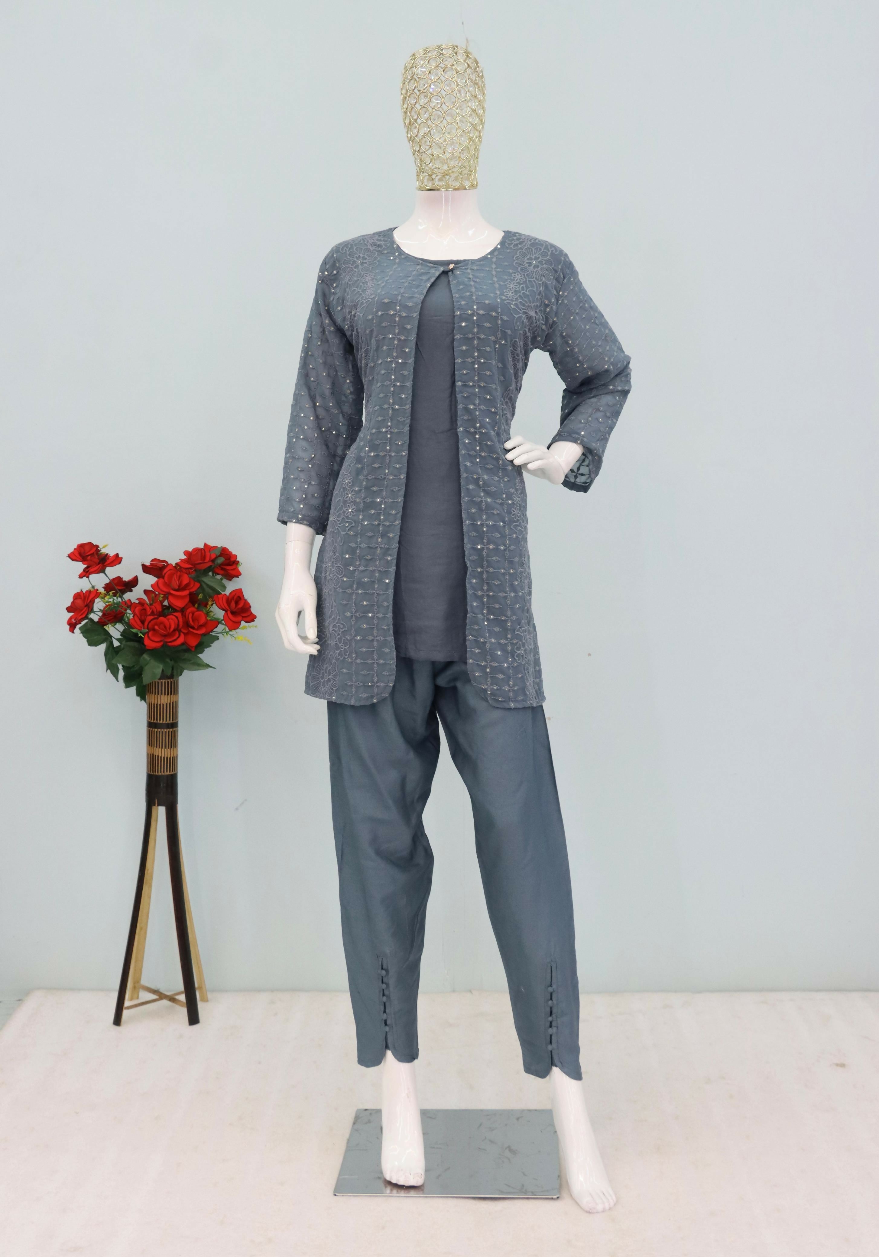 Anaita Grey Faux Georgette Readymade 2 Piece Set with Embroidery Work - Distacart