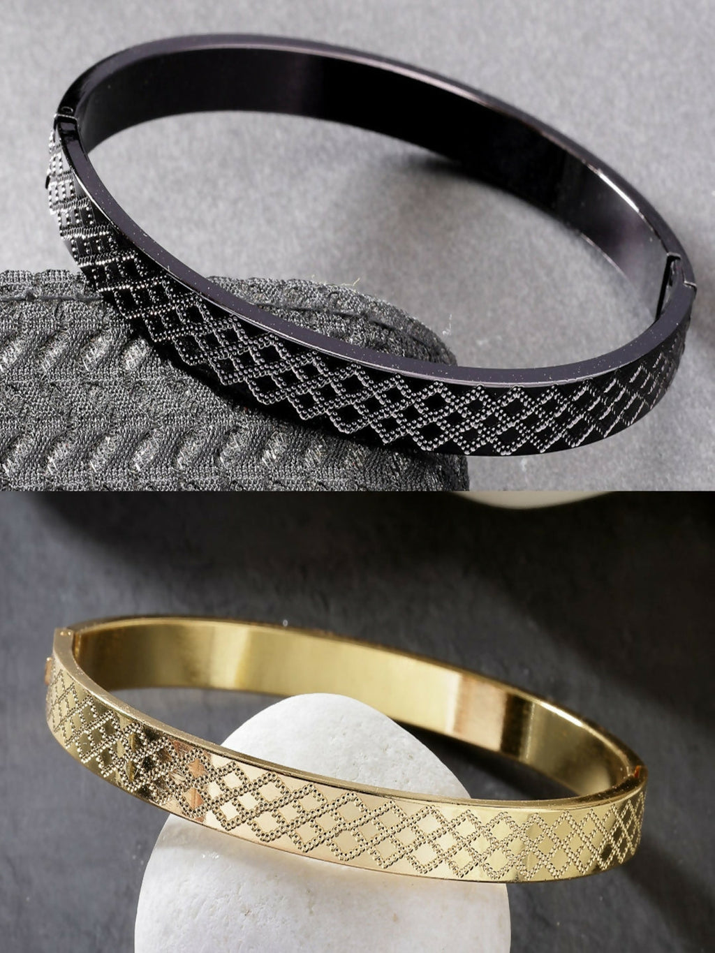NVR Men's Set of 2 Gold & Black Rhodium-Plated Stainless Steel Kada Bracelet - Distacart