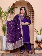 Miravan Women's Plus Size Purple Muslin Straight kurta and palazzo with dupatta Suit set - Distacart