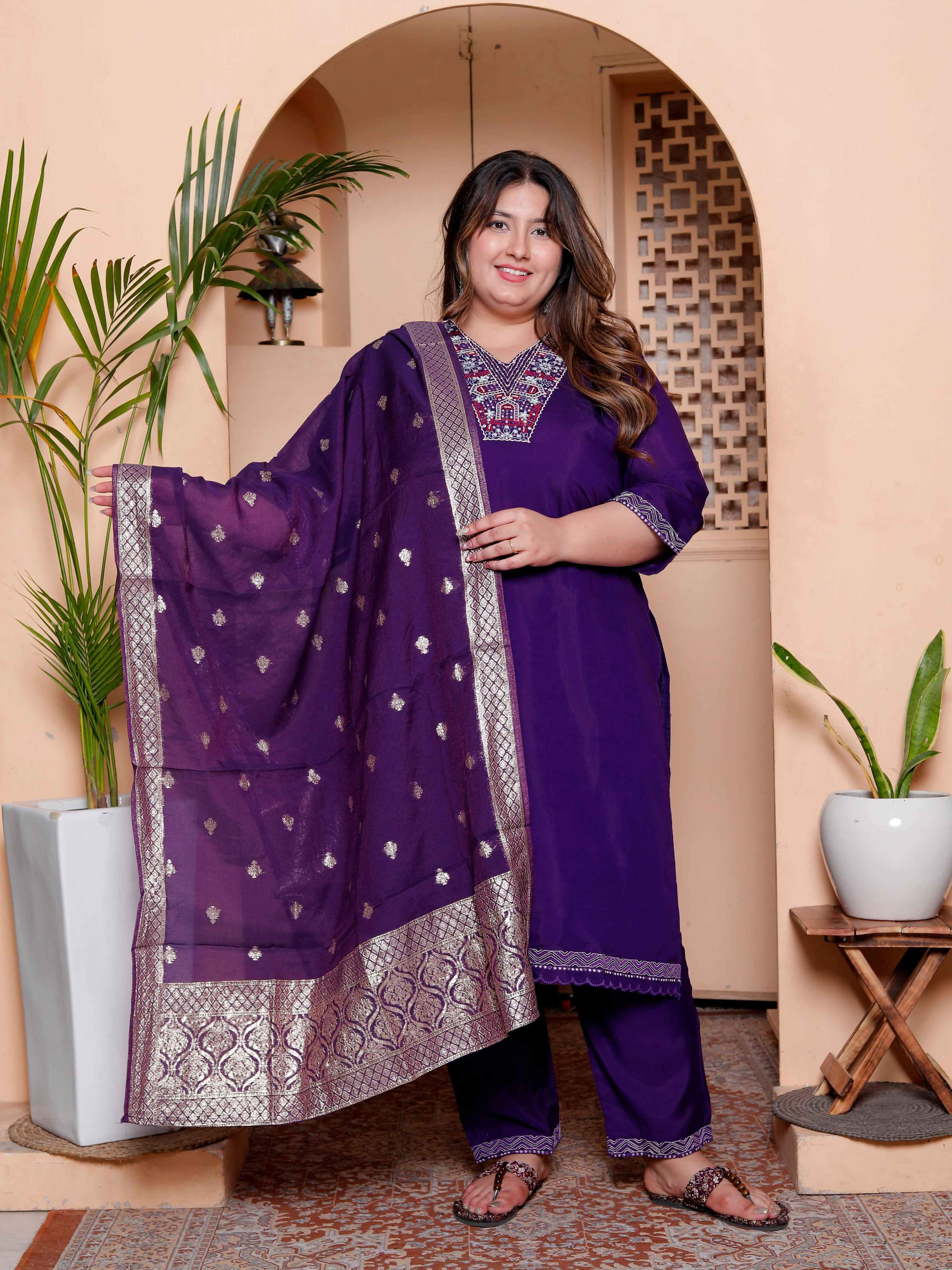 Miravan Women's Plus Size Purple Muslin Straight kurta and palazzo with dupatta Suit set - Distacart