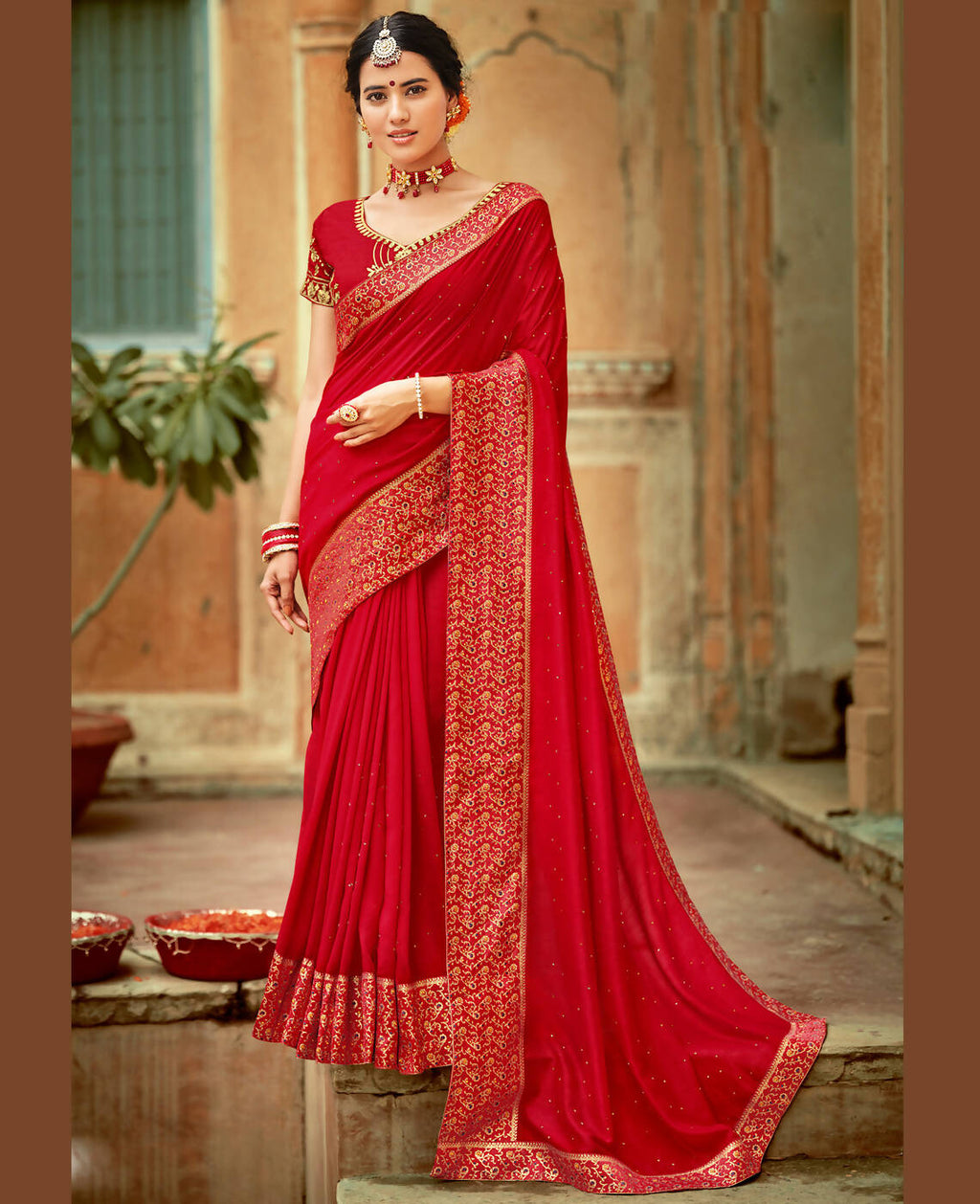 Red Vichitra Stone Work Saree With Unstitched Blouse Piece - Rosy