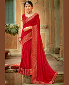 Red Vichitra Stone Work Saree With Unstitched Blouse Piece - Rosy