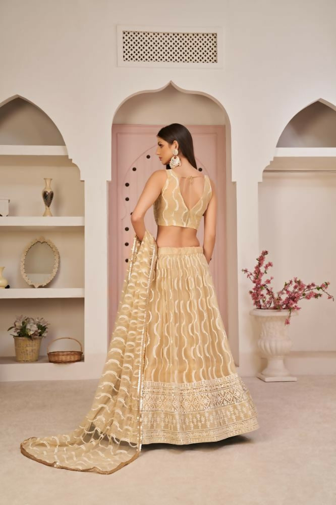 Aastha Fashion Beige Chiku Butterfly Net White Cotton Thread Work, Zari Work And Sandwich Sequence Work Embroidery Wedding Wear Lehenga Choli